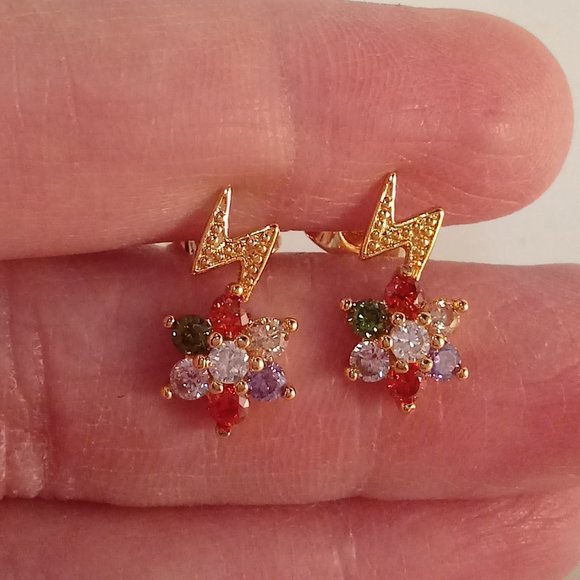 18K Yellow Gold Flower Lightning Bolt Diamond Zircon Stud Earrings Multi Color - Picture 5 of 6